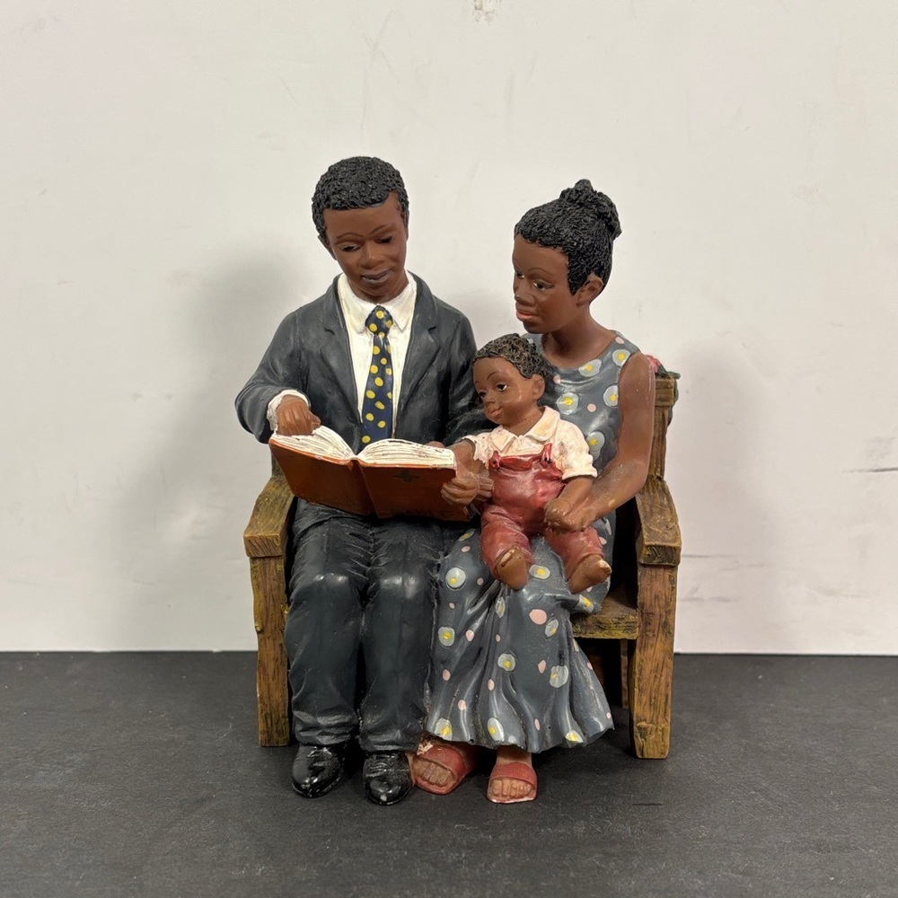 African American Family Figurine Reading Book Christian Home Decor 4.5”
